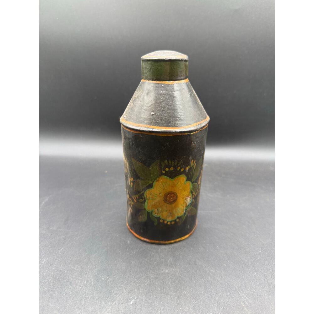 Antique Tin Toleware Painted Tea Caddy Canister, 7.5"X 3" - good cond
